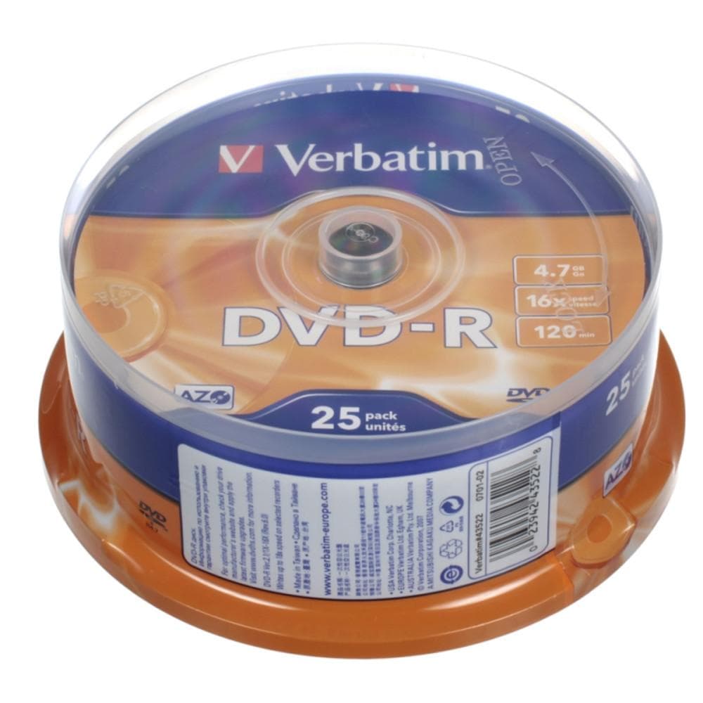 DVD-R диск Verbatim 4.7Gb 16x Cake Box 25шт (43522)